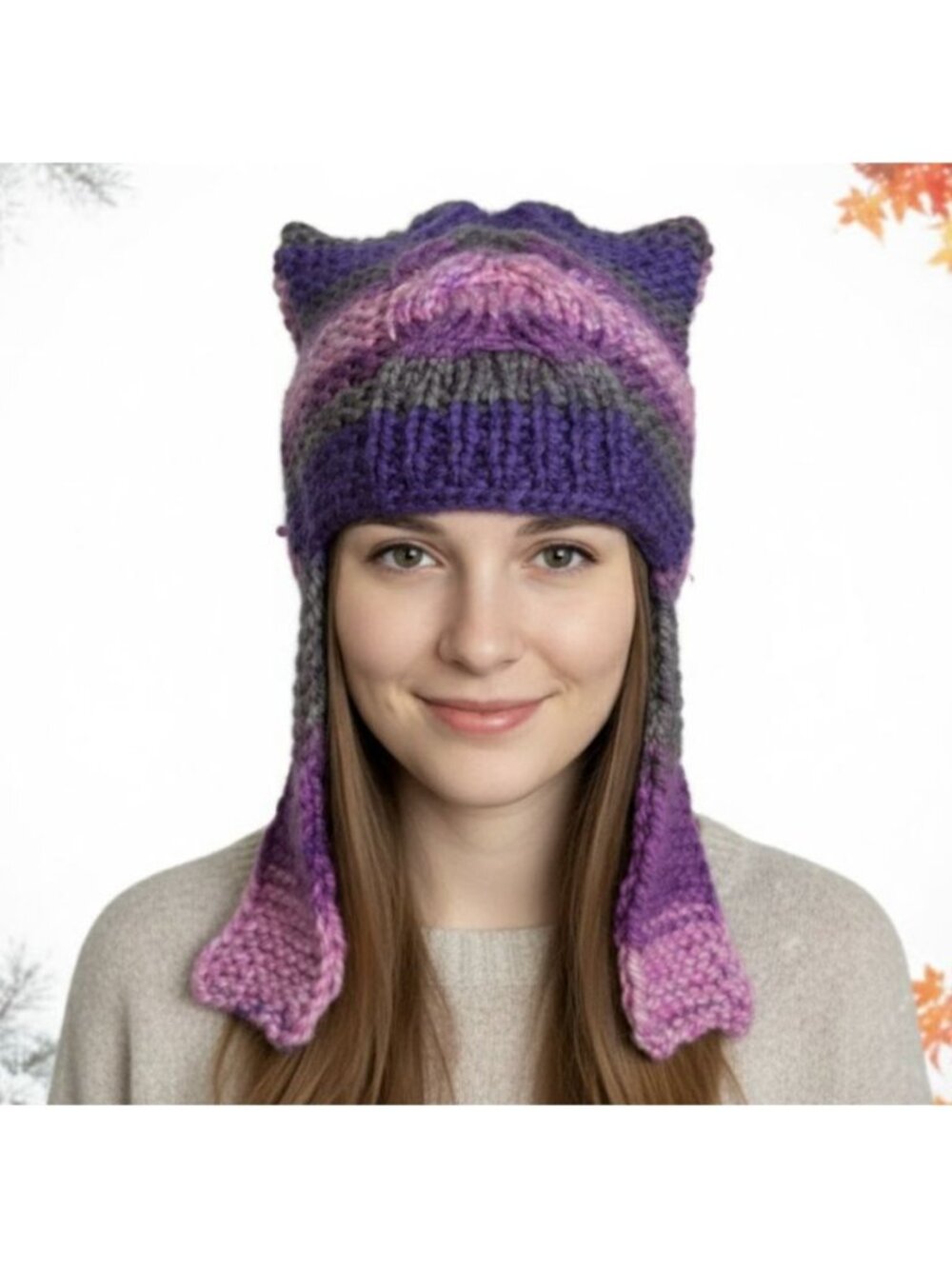⭐Handmade Knit Purple Pink Cat Ear Beanie with Earflaps Cozy Winter Gift New